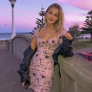 💕REALISATION PAR💕 Venus Babydoll Mini Dress ~ Pink Newspaper Print XS Y2K 90s
